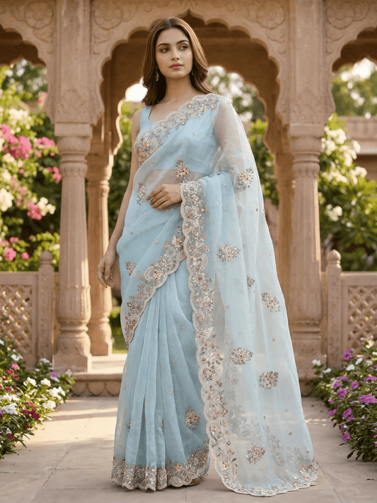 Blue silk organza bead work saree with embroidered border by Sol By Smitha Dubai