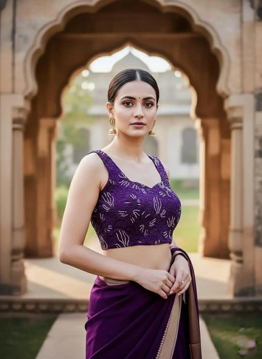Dark purple sleeveless blouse from SOL BY SMITHA featuring a heavy fabric and stylish design.