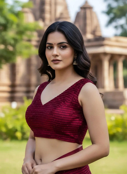 Maroon velvet saree blouse from SOL BY SMITHA with long sleeves and intricate embroidery, showcasing luxurious fabric and elegant design.