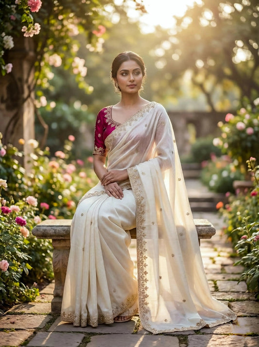White Bead Work Saree - SOL BY SMITHA