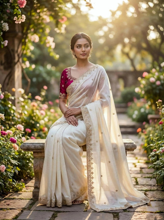 White bead work saree by SOL BY SMITHA with intricate bead embroidery, draped elegantly showcasing detailed craftsmanship.
