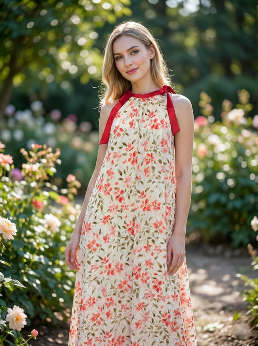 White floral print gown by SOL BY SMITHA, flowing fabric with elegant floral patterns and a fitted waist.