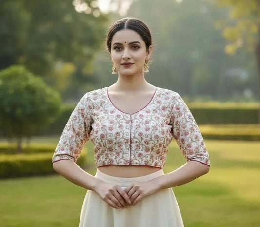 White and pink embroidered blouse for women by SOL BY SMITHA, showcasing intricate ethnic embroidery and elegant design.