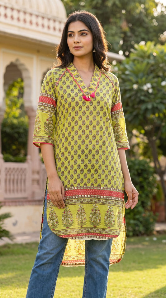 Women’s cotton high-low kurta by SOL BY SMITHA, stylish cotton kurti with a flowy high-low hem and intricate design details.