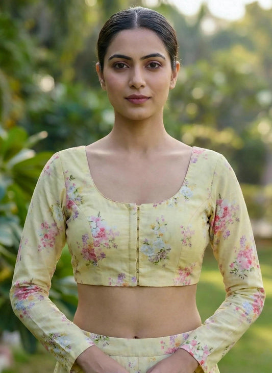 Yellow SOL BY SMITHA blouse with long sleeves and a relaxed fit, displayed on a hanger.