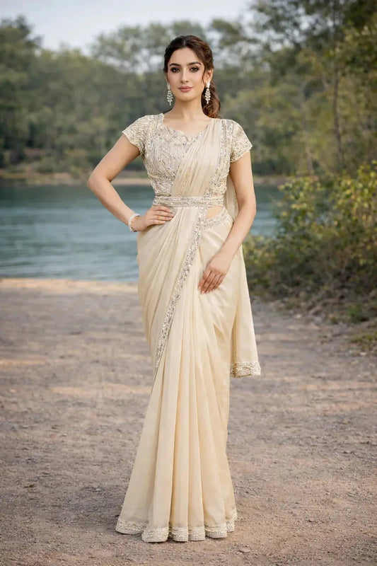 Two-tone silver satin silk ready-to-wear saree with blouse from Sol by Smitha Dubai