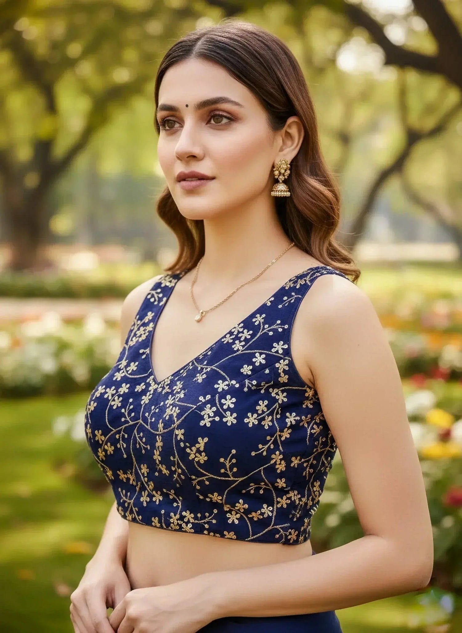 Woman wearing a navy blue embroidered blouse with gold floral patterns, outdoors in garden-90