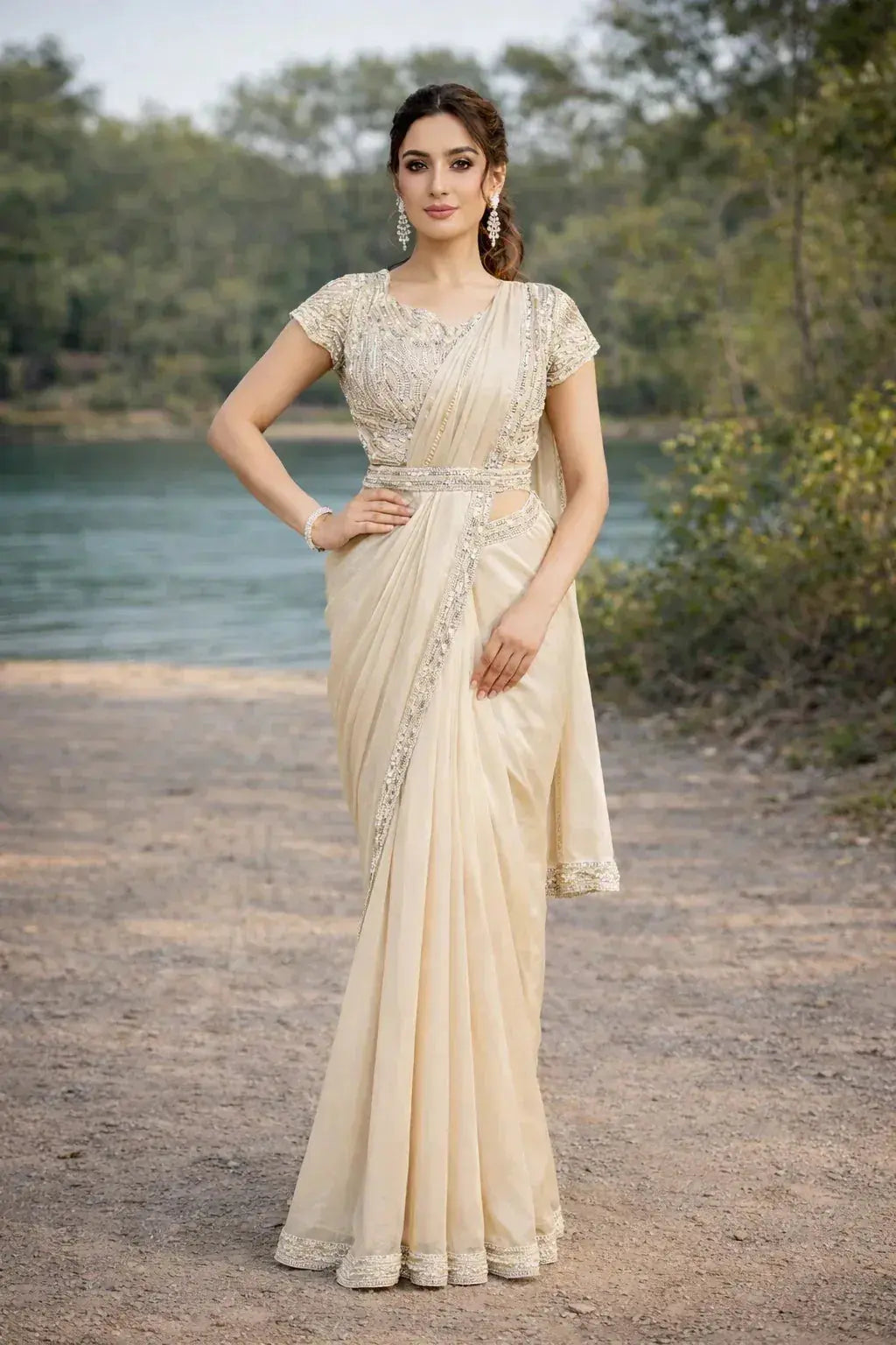 Woman in cream soft silk saree with ornate blouse, standing outdoors by a lake