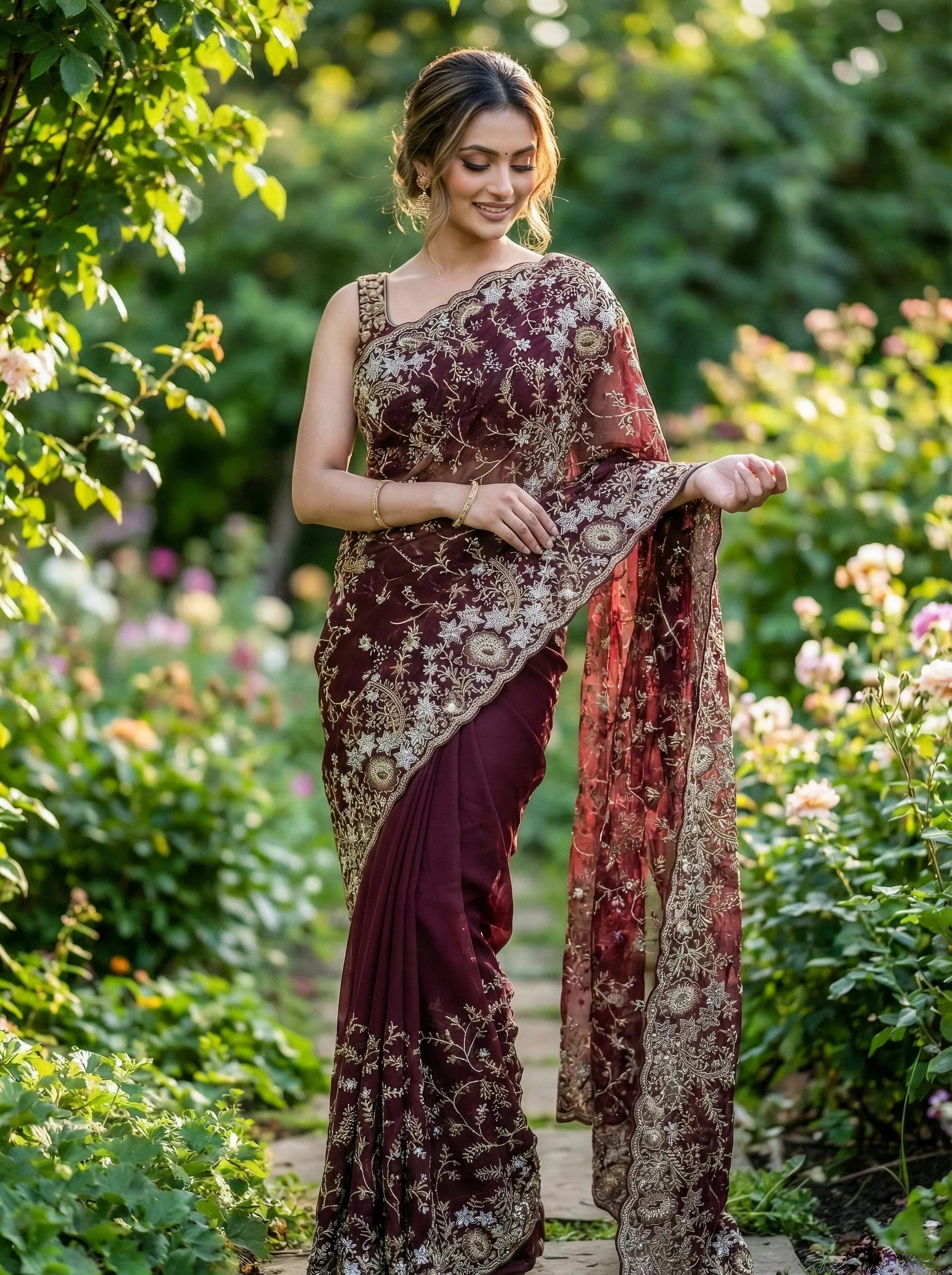 Woman in maroon soft silk saree with gold embroidery, standing outdoors among flowers