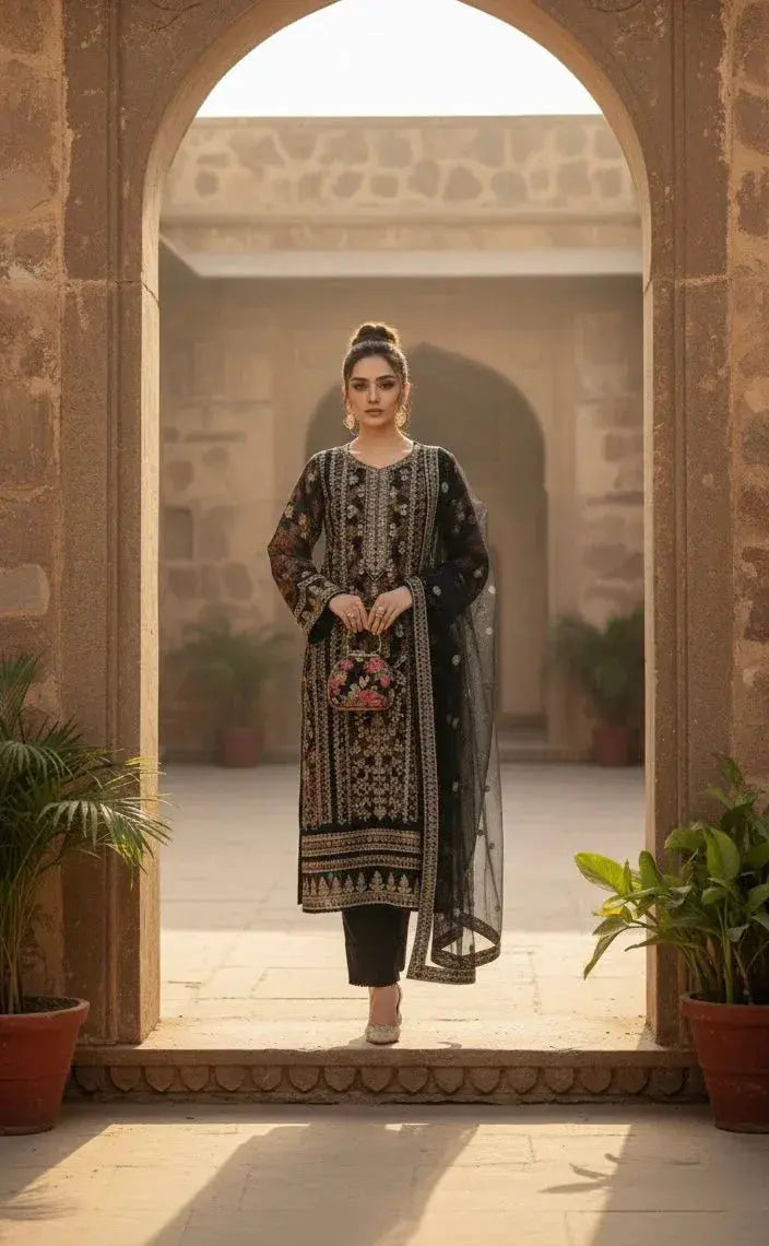 Woman in ornate black ethnic kurta set with floral embroidery, holding a purse, standing under a stone archway.