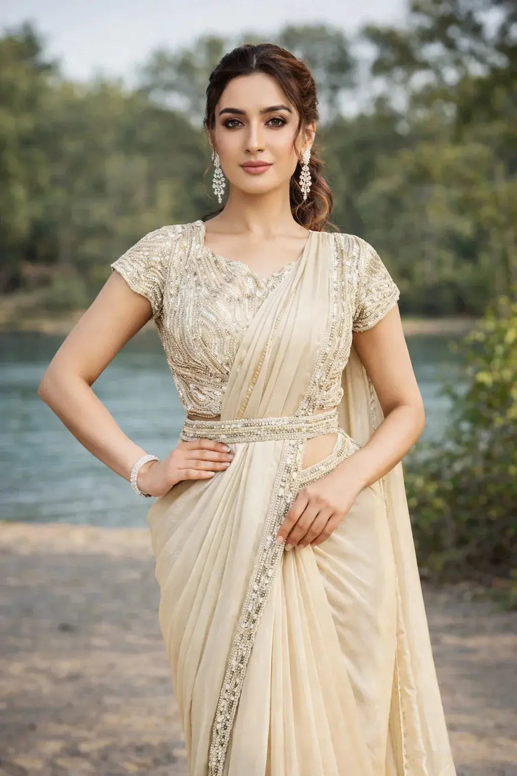 2 Tone satin silk silver readymade saree with blouse - SOL BY SMITHA