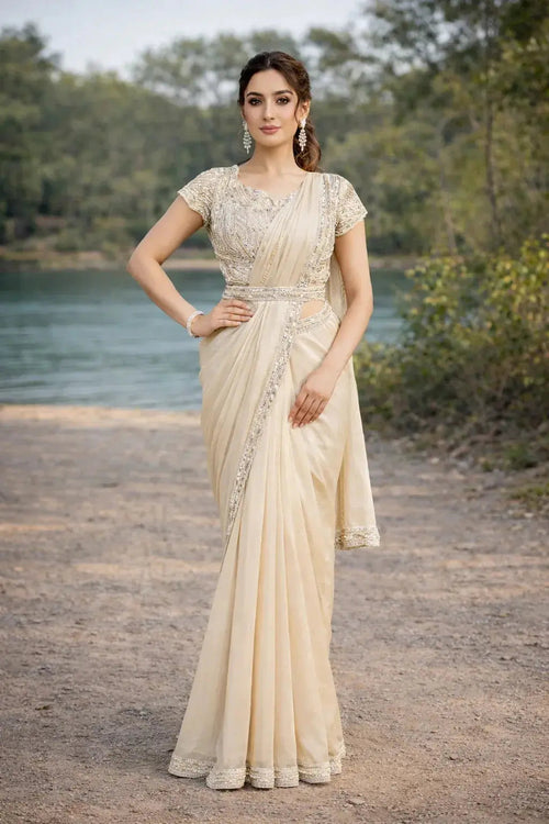 Silver 2-tone satin silk saree with matching blouse, ready-to-wear by SOL BY SMITHA, elegant traditional Indian attire.
