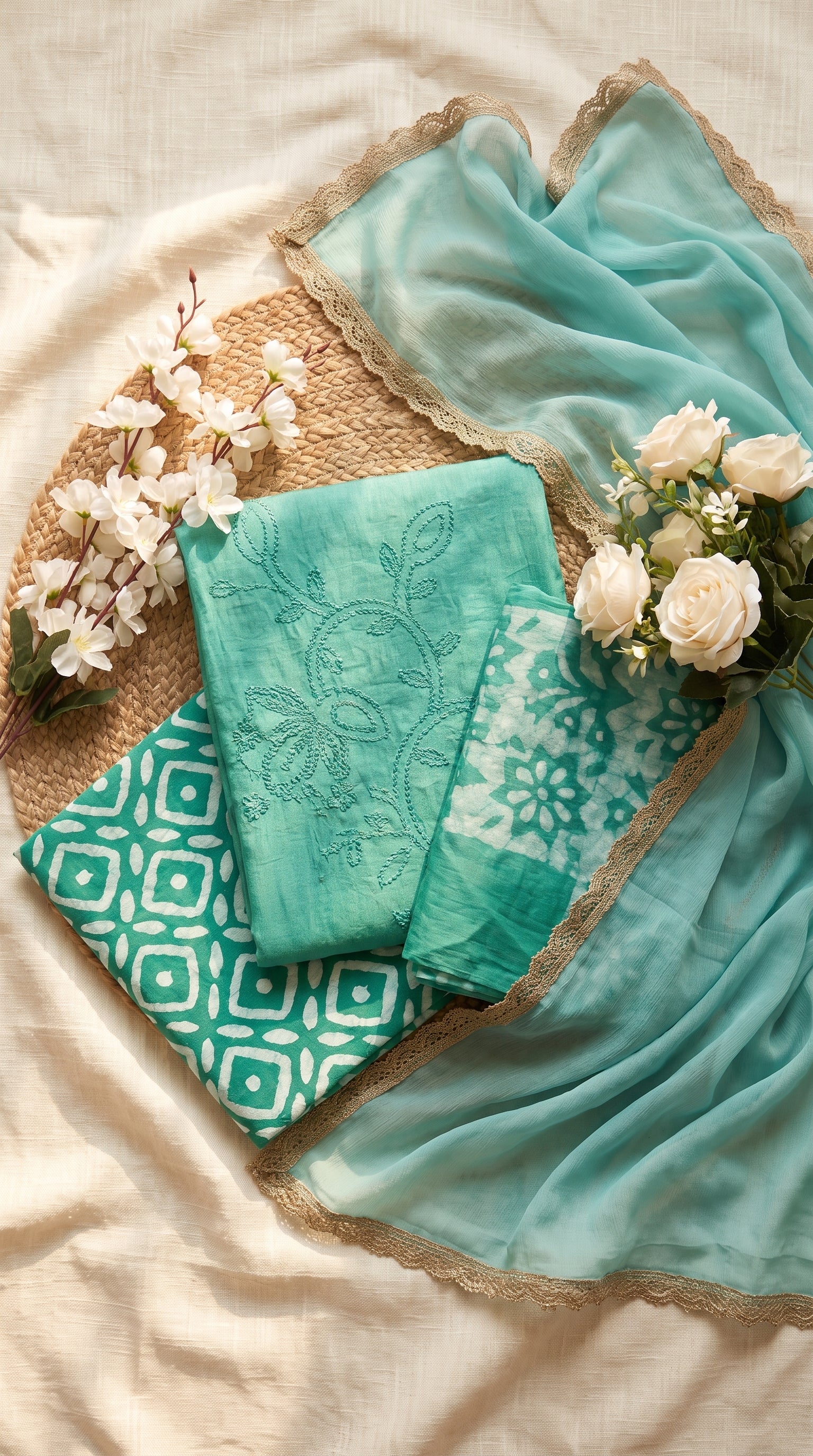 A styled flat-lay of a teal and mint green fabric set, including an embroidered fabric piece, a patterned fabric piece, and a sheer lace-trimmed dupatta, arranged on a beige fabric background with white flowers.