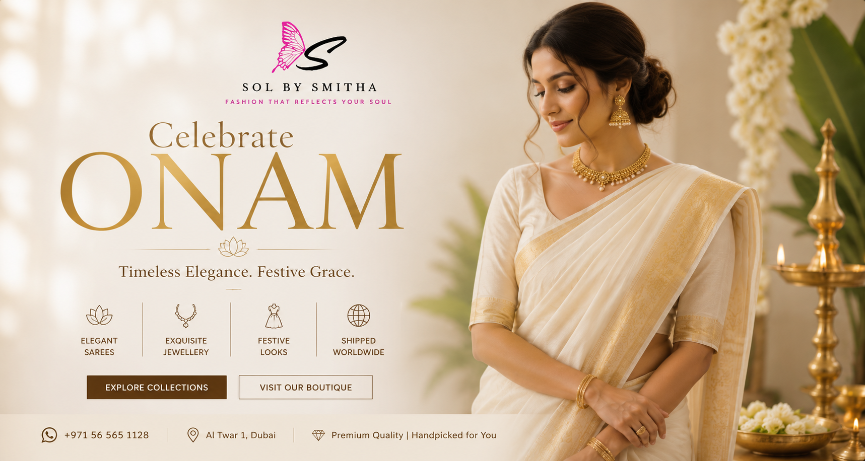 A woman in a cream and gold saree stands beside ornate brass lamps and white flowers, with large promotional text reading 'Celebrate ONAM' and the brand 'Sol by Smitha' on a warm beige background.