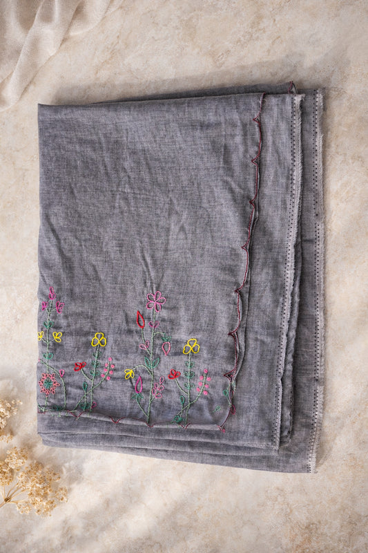 Grey cotton saree with floral embroidery border lightweight daily wear saree