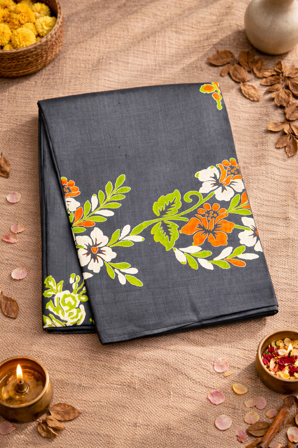 Dark gray fabric with floral patterns on a textured surface