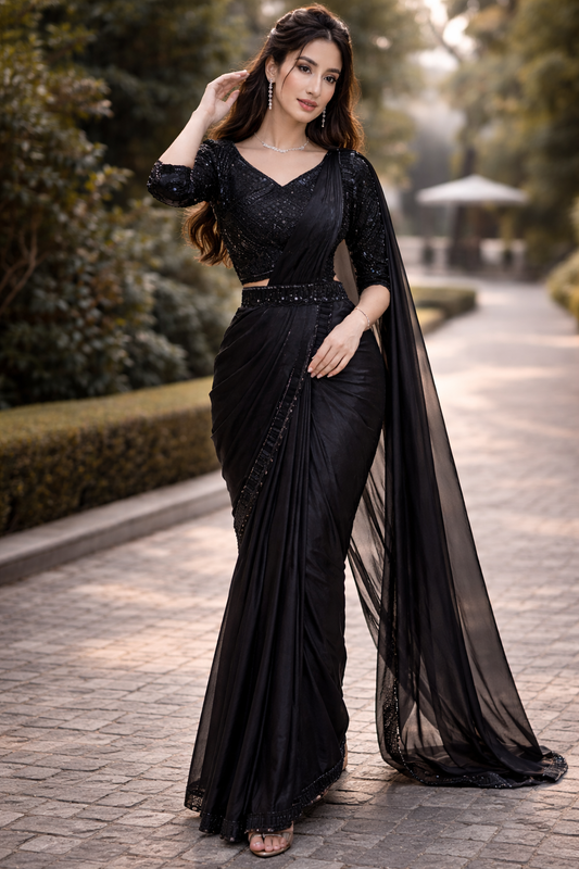 Black drape saree with ready made blouse