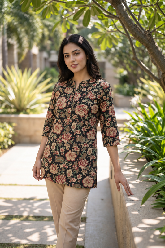 Women's Cotton Printed Short Kurti – 3/4 Sleeve, Hip Length