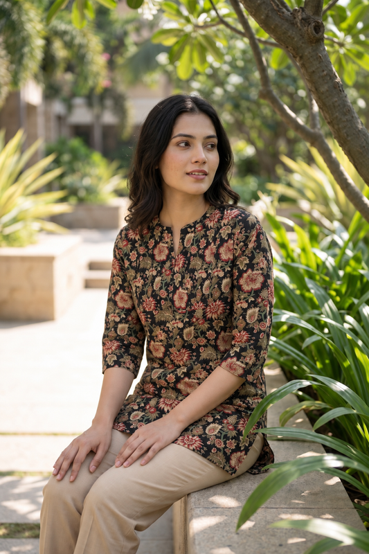 Women's Cotton Printed Short Kurti – 3/4 Sleeve, Hip Length