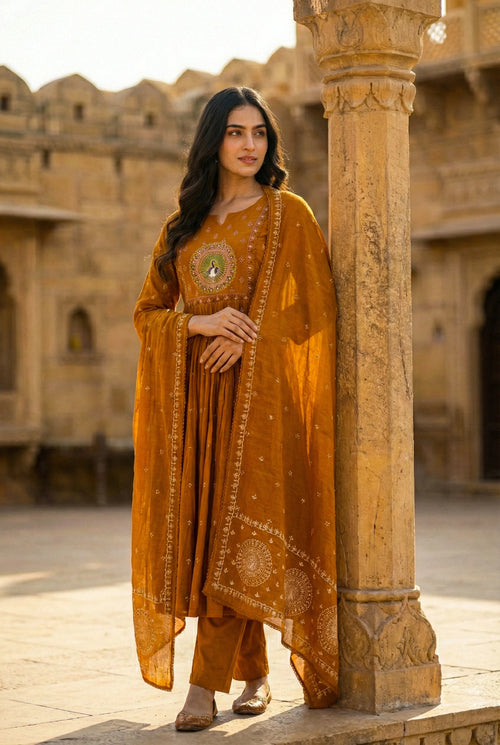 Woman wearing brown cotton 3 piece ethnic suit set with detailed embroidery outdoors