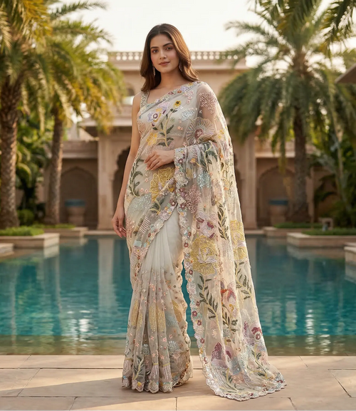 Woman in a floral saree standing by a pool with palm trees in the background