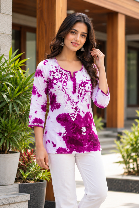 Shaded Cotton Kurti with White Embroidery