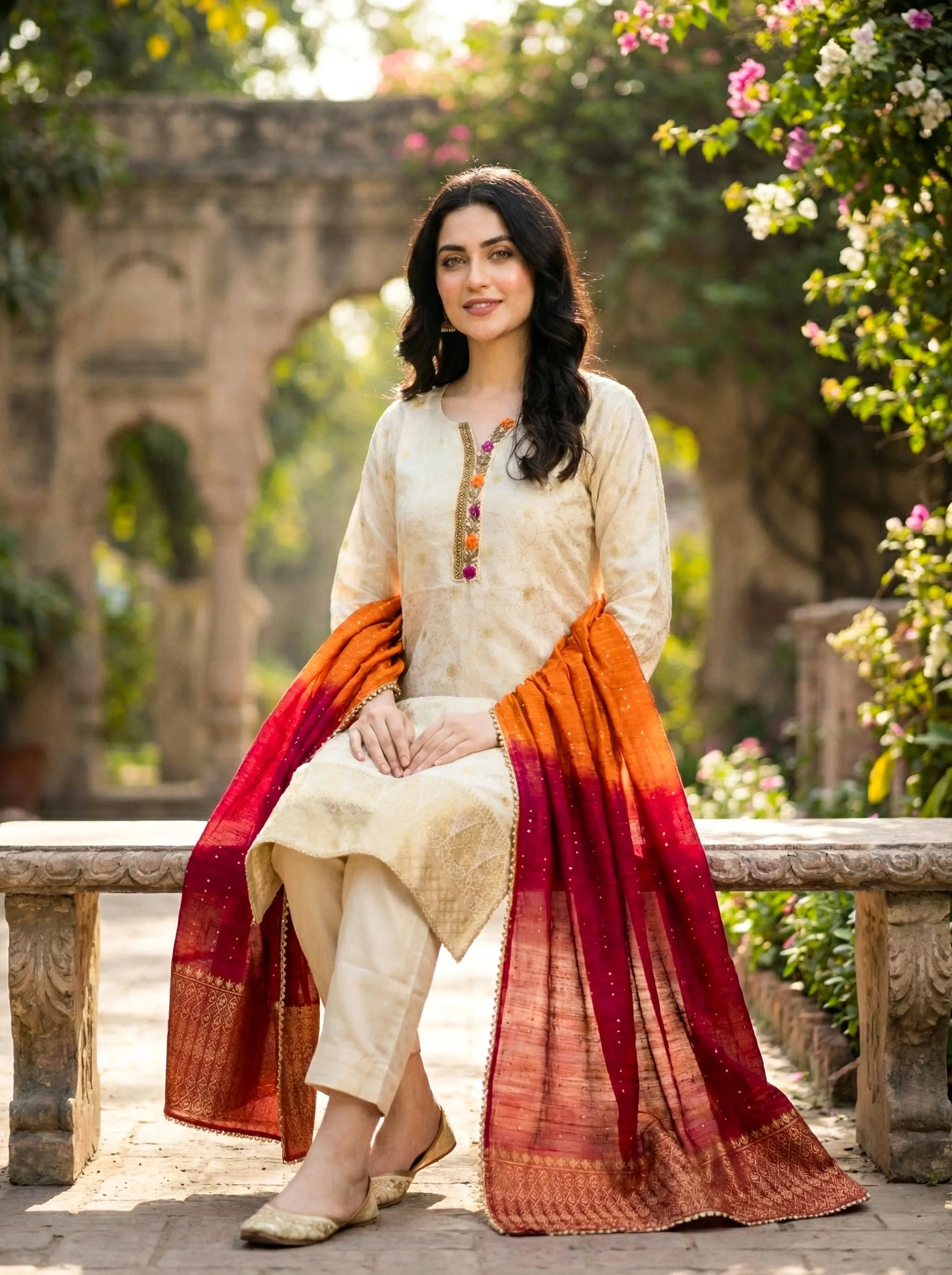 Woman in elegant cream kurta with orange-red dupatta, seated outdoors in garden