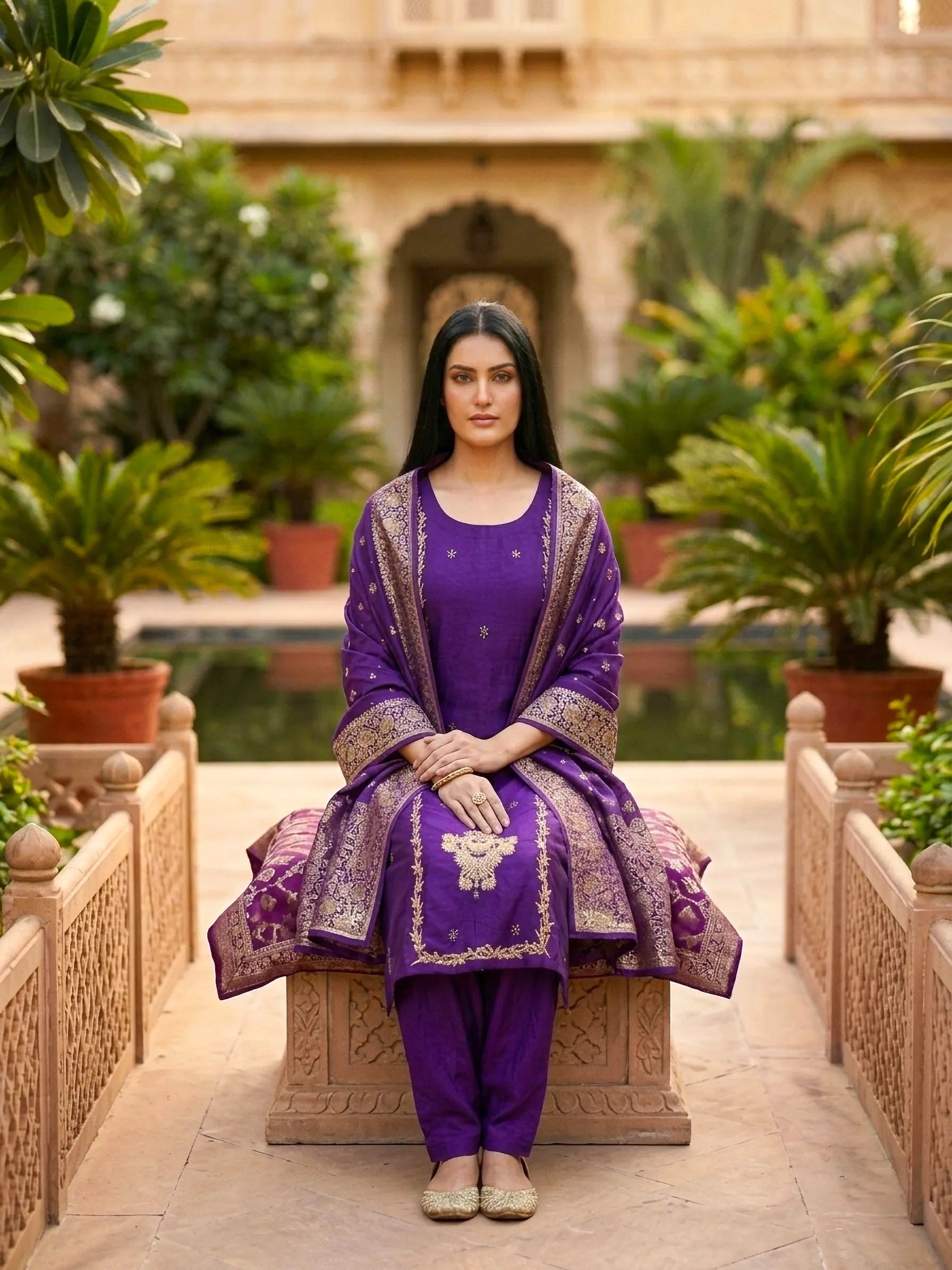 Woman in a luxurious purple silk salwar suit with gold embroidery, seated in an elegant courtyard.