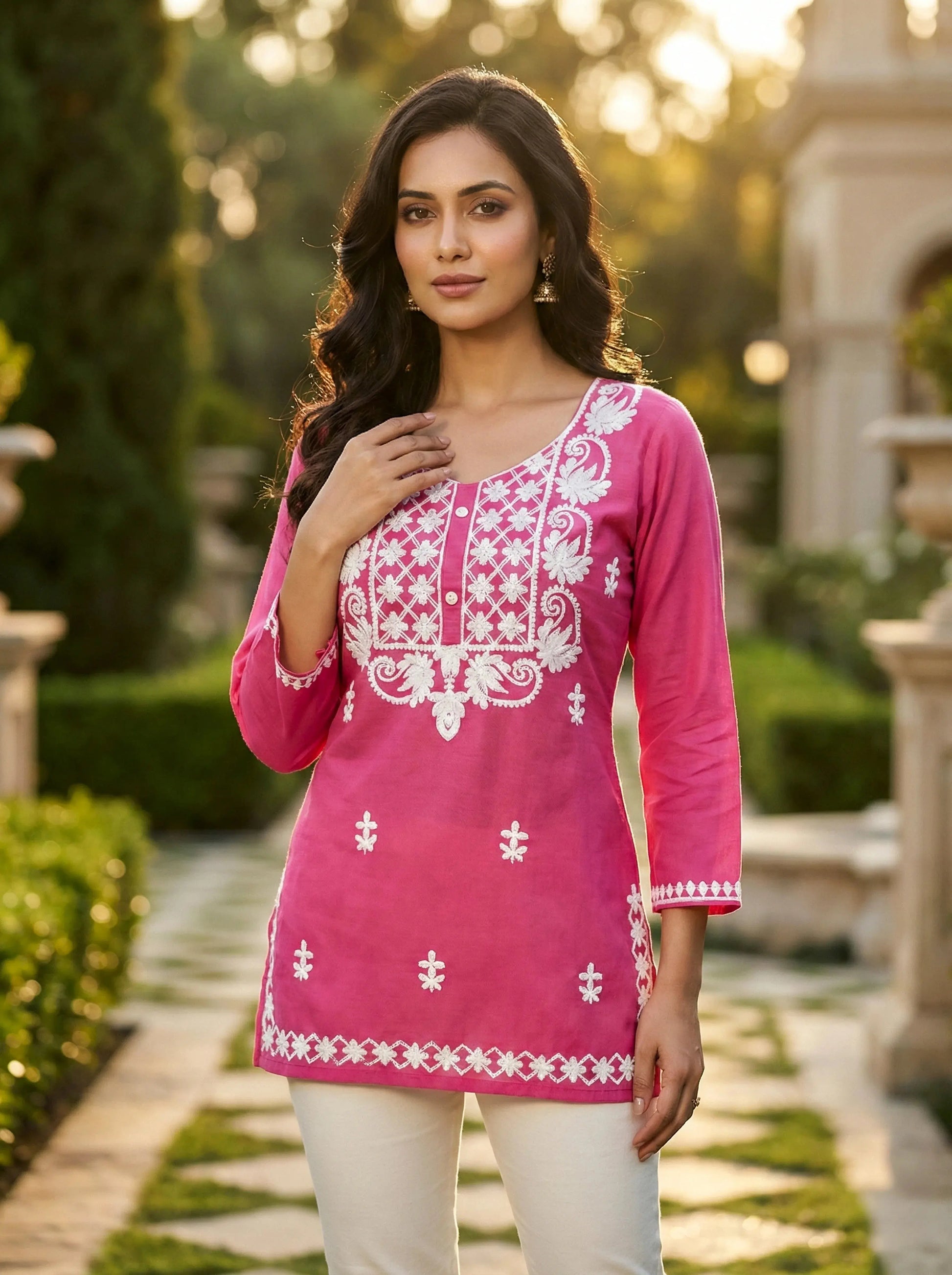 Woman in pink embroidered kurti with white floral patterns, outdoor garden setting