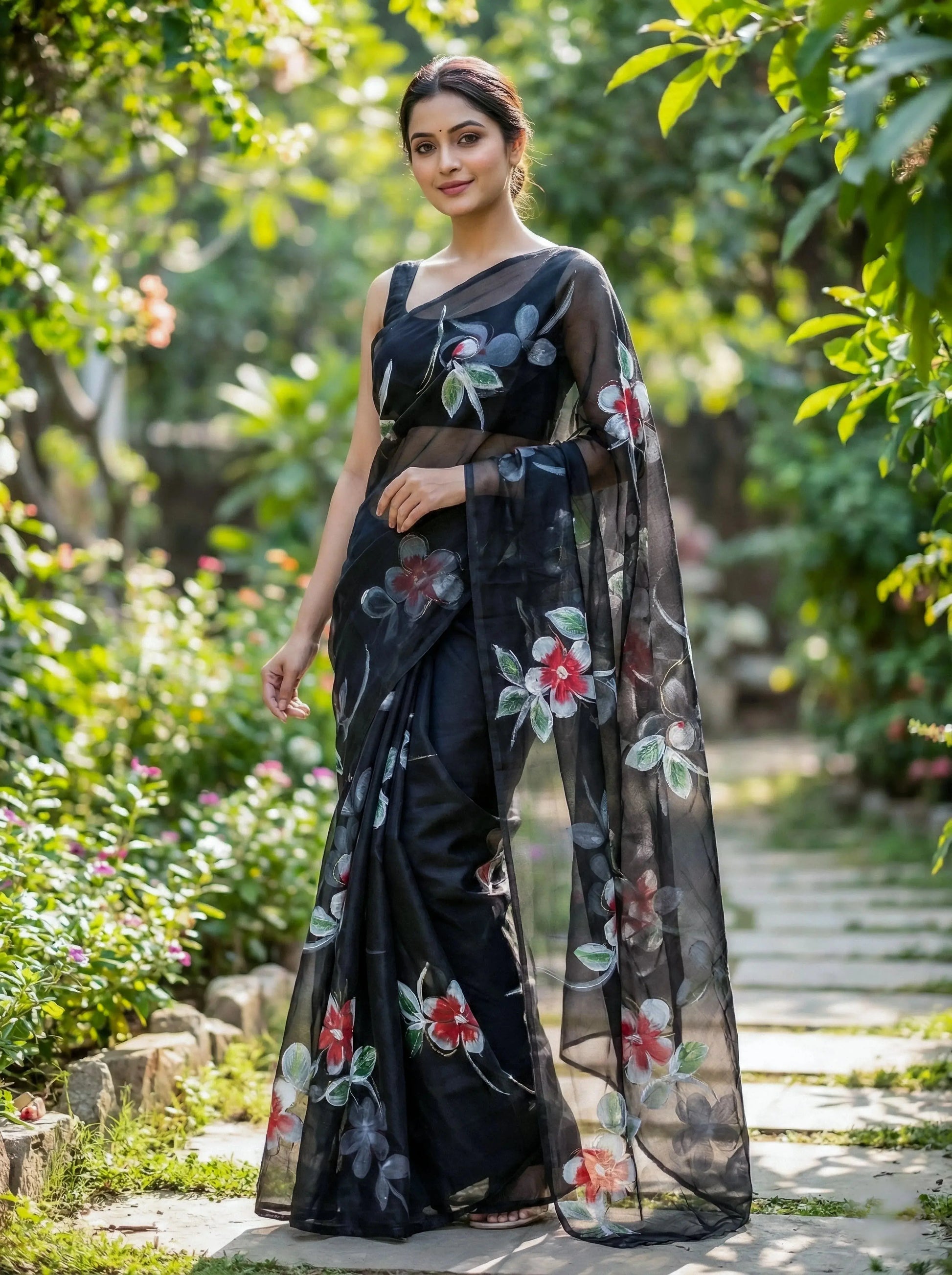 Woman in a black soft silk saree with floral prints standing in a garden