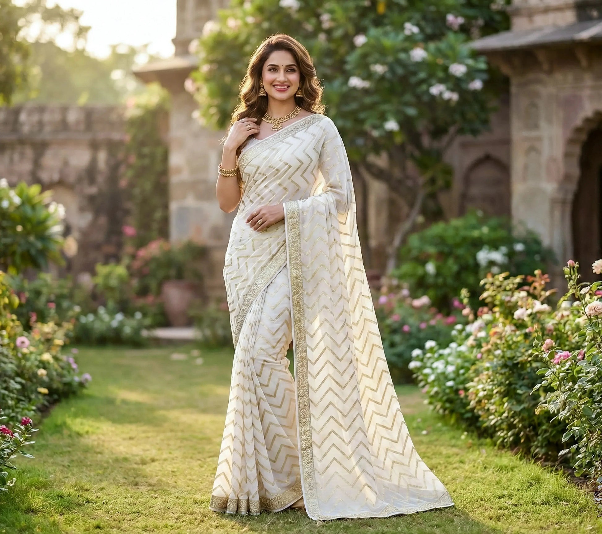 Woman in elegant white and gold soft silk saree standing in a garden, luxury ethnic wear