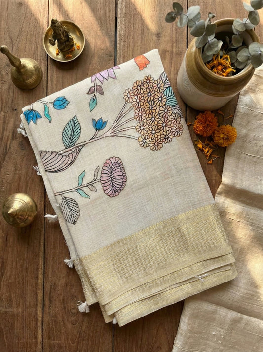 Beige Kota Tissue With multi-color embroidery saree