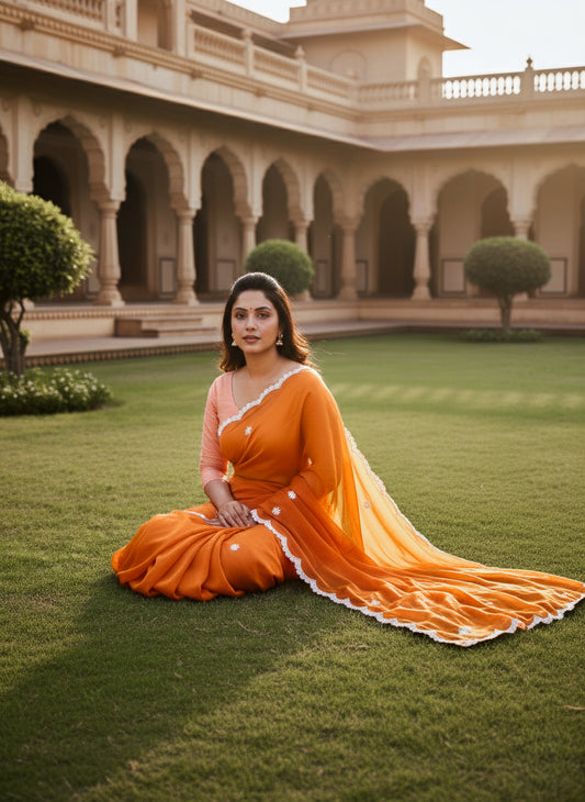 Orange Hand Embellished Saree with White Bead Work – Festive & Occasion Wear | SOL BY SMITHA
