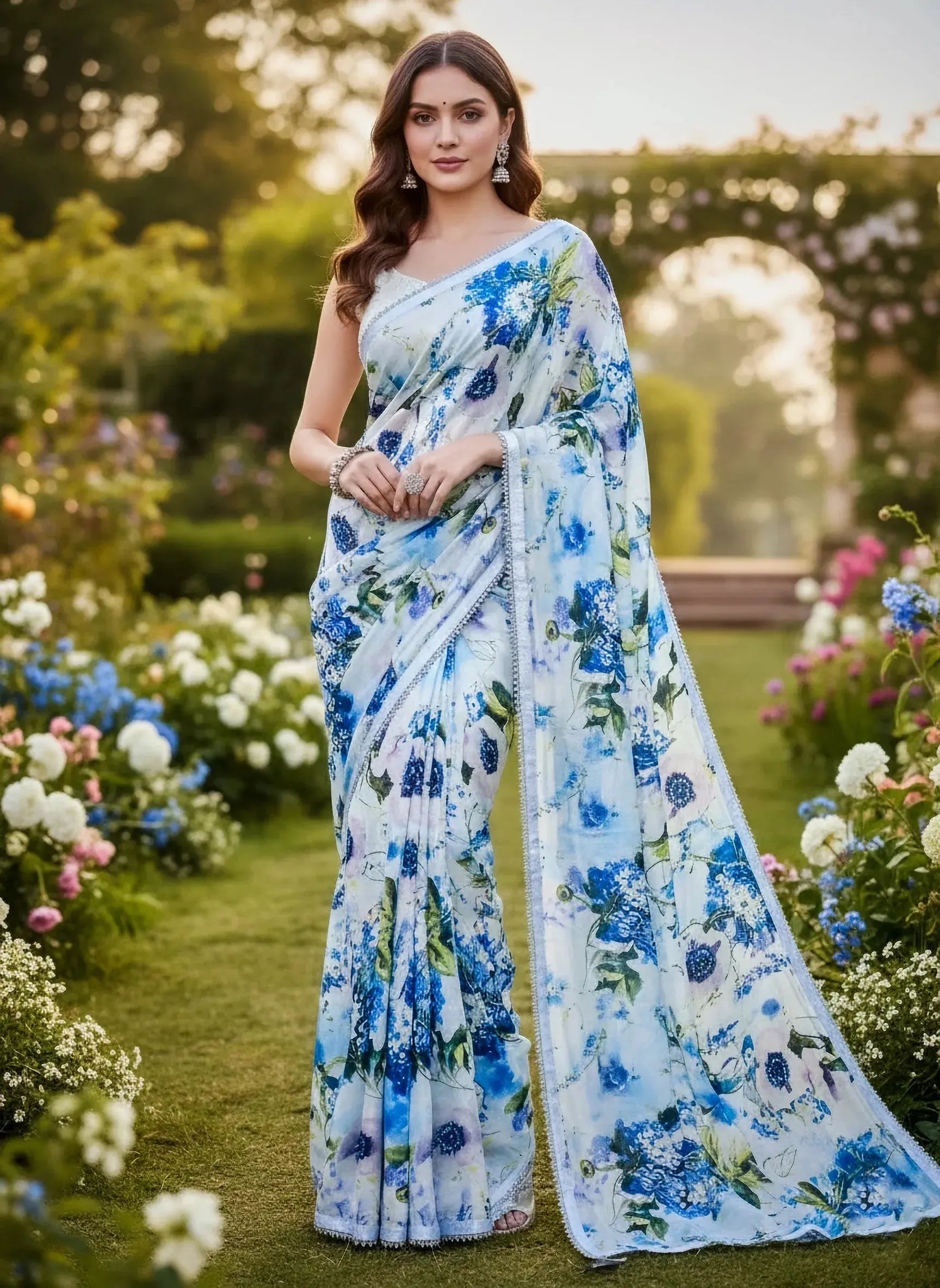 Woman in soft silk floral saree with blue and white print, posing in a garden
