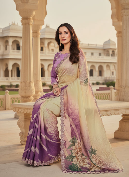 Rang Chatkila Lavender Floral Saree| Lightweight Printed Saree | Blouse Included