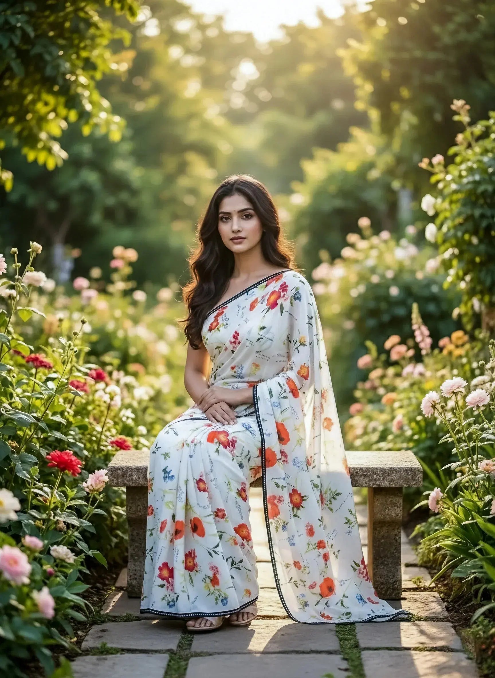 Woman in floral print soft silk saree sitting on a stone bench in a blooming garden