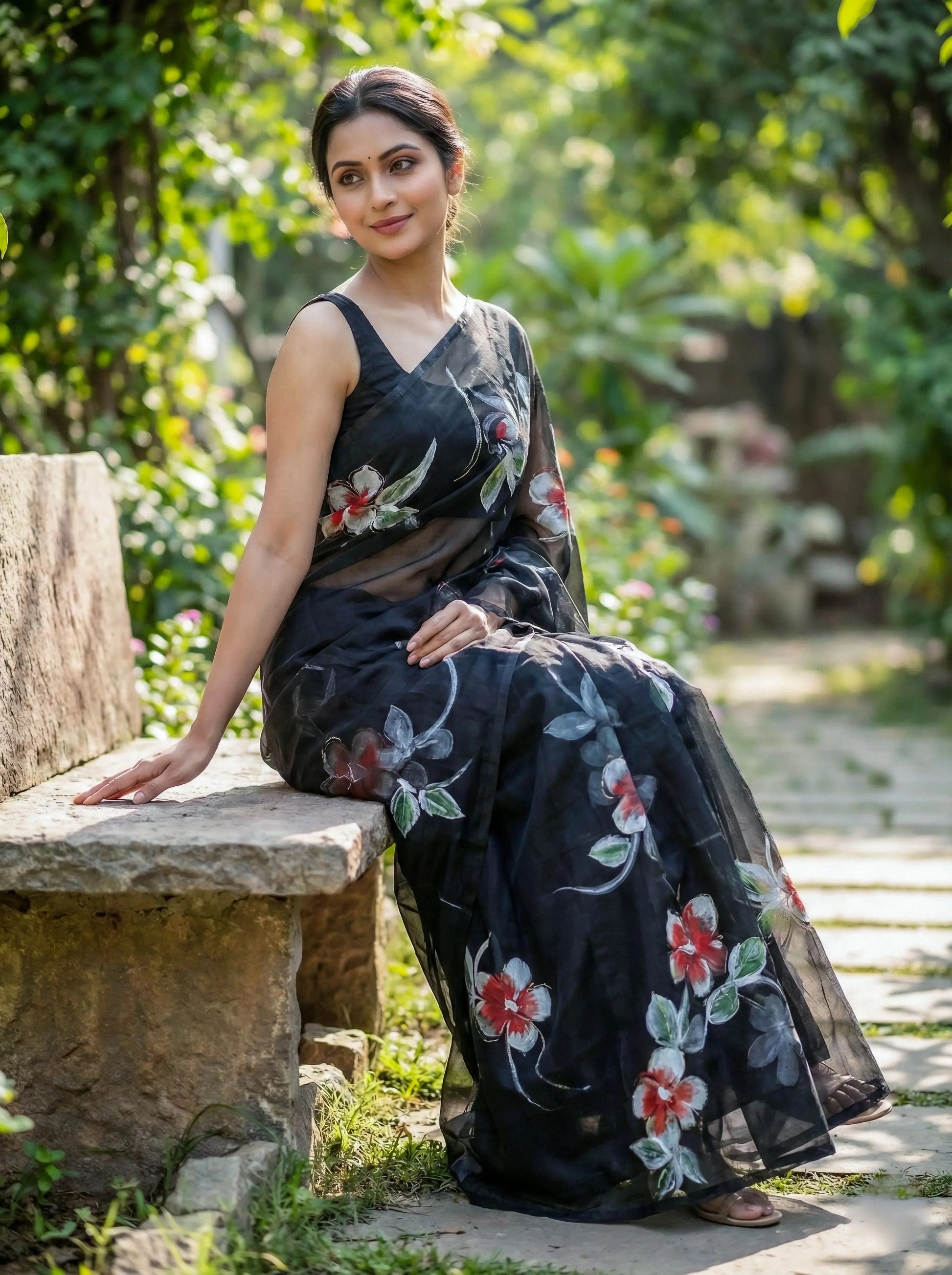 Woman in a black floral silk saree sitting on a stone bench in a lush garden