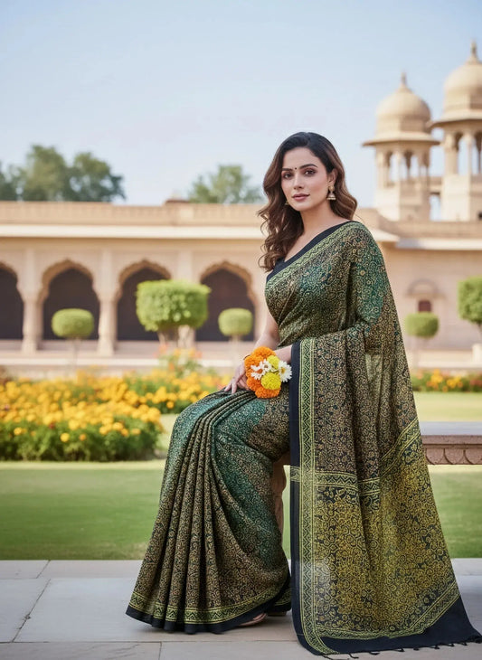 Woman in an elegant green and gold silk saree sitting outdoors with flowers, in a garden setting