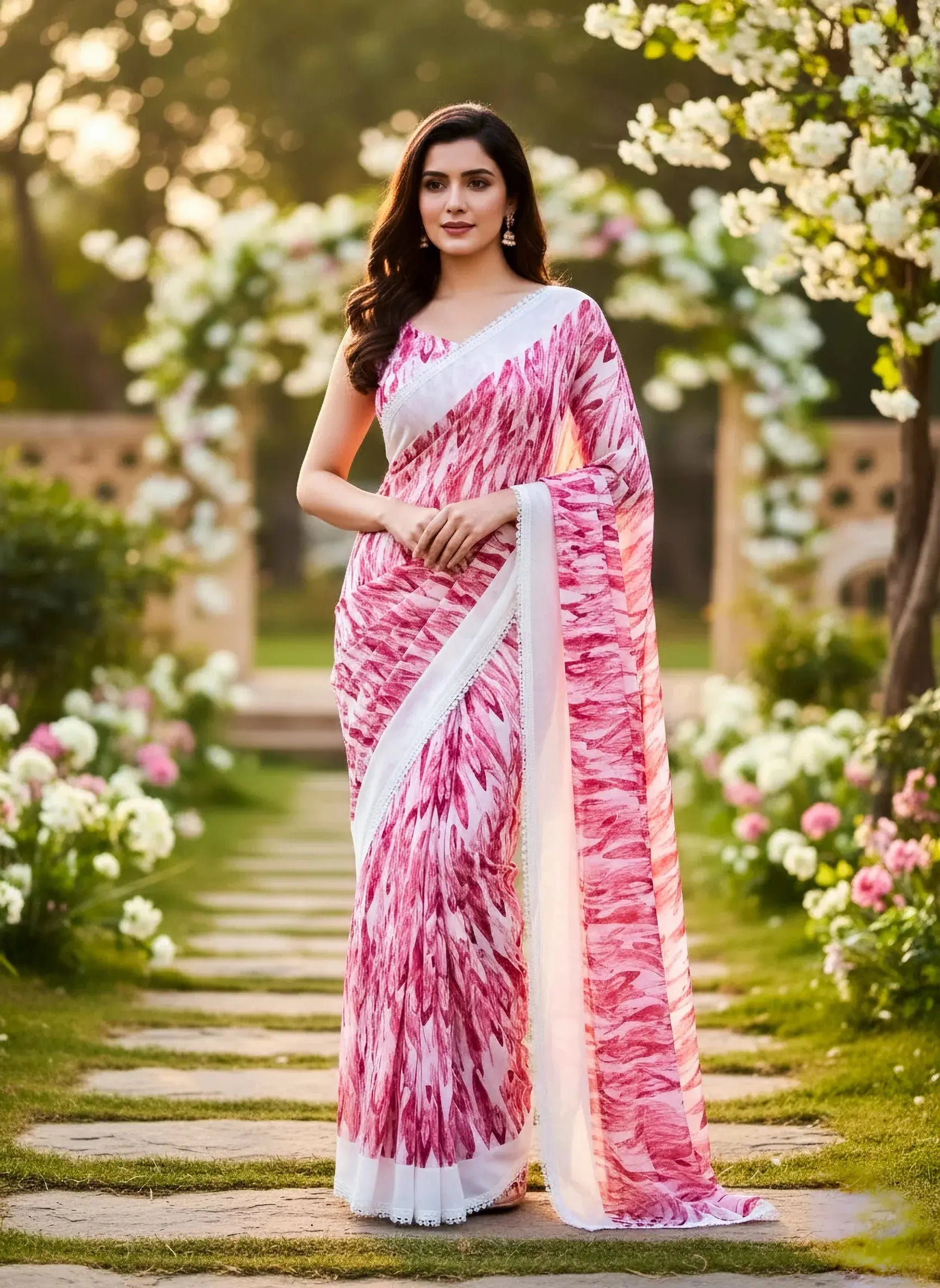 Woman wearing elegant pink and white soft silk saree with floral pattern in a garden setting