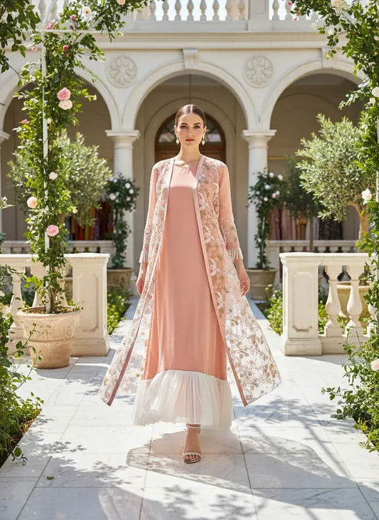 Woman in peach ethnic gown with floral embroidered jacket in a garden courtyard