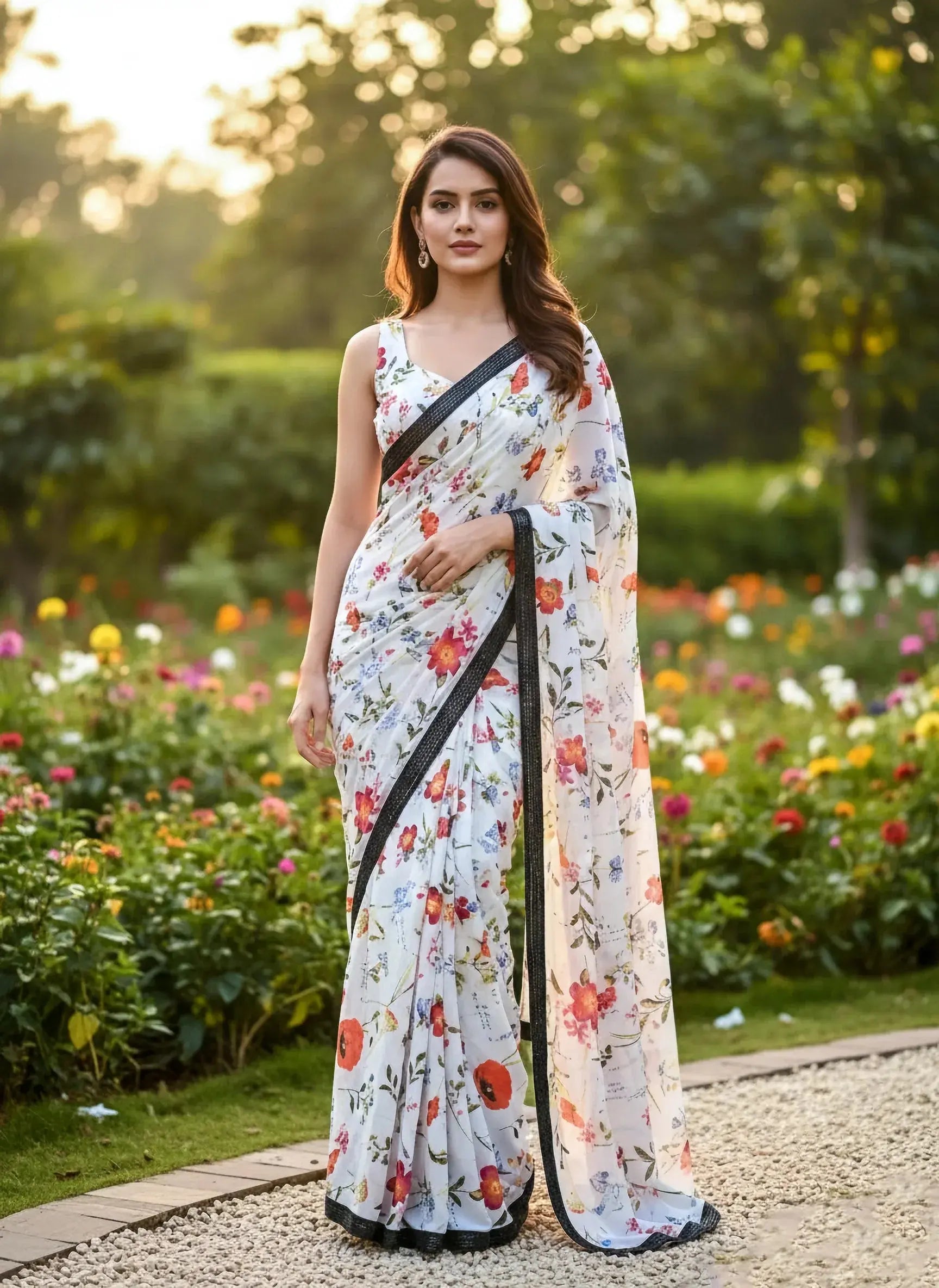 Woman in white floral soft silk saree with black border, standing in a garden with colorful flowers.