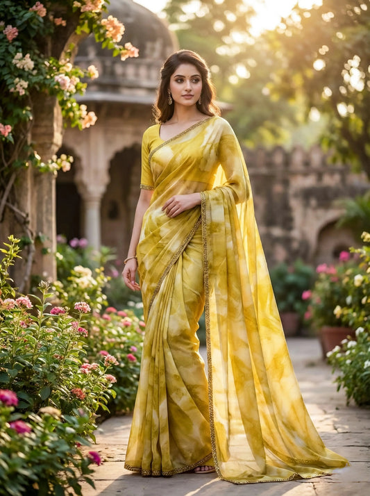 Woman wearing yellow soft silk saree with gold border, standing in a garden with flowers
