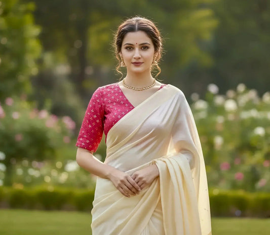 Woman in a cream soft silk saree with a pink embroidered blouse, outdoors in a garden