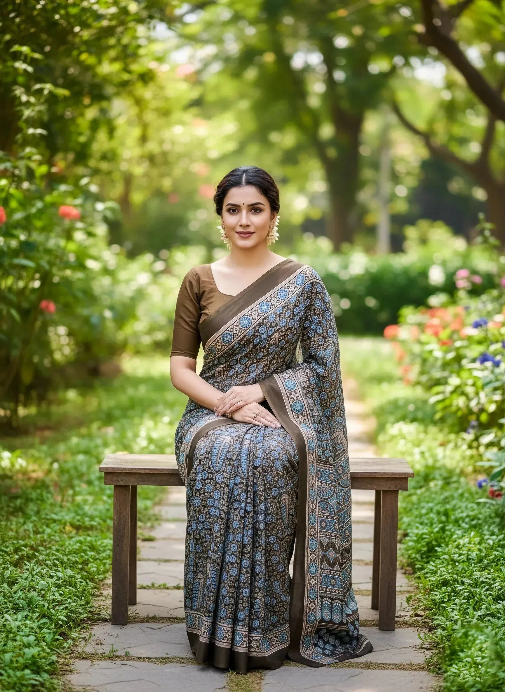 Woman in brown and blue printed silk saree sitting on a bench in a lush garden