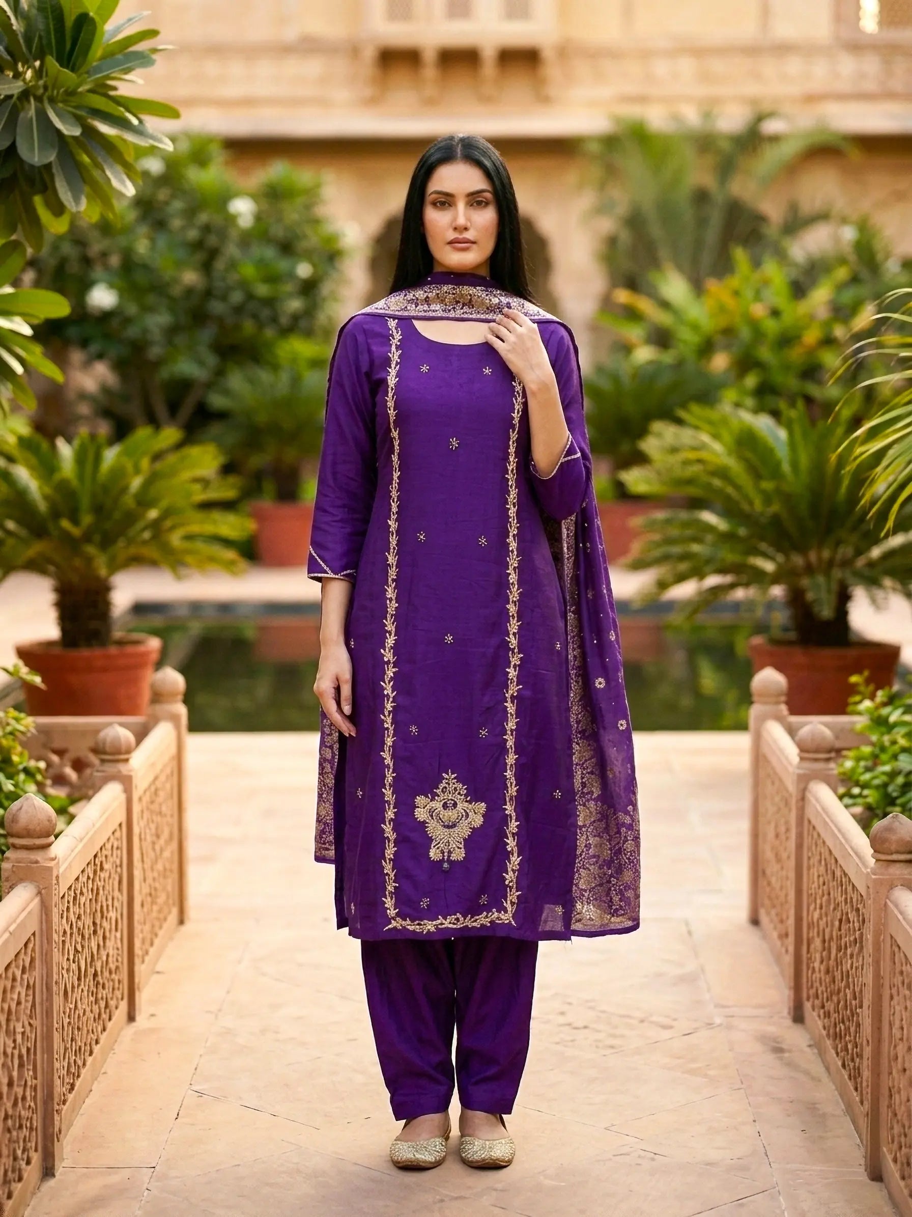 Woman in a purple silk embroidered salwar kameez with dupatta, standing in a garden courtyard