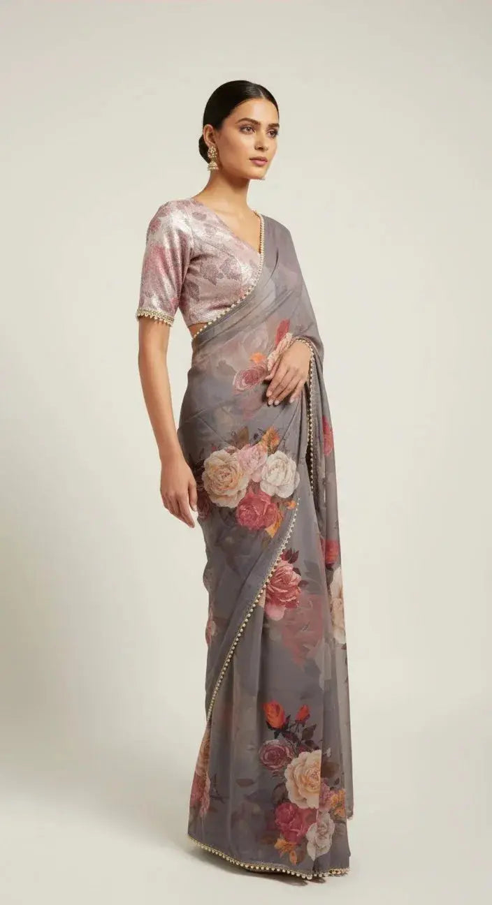 Woman wearing a grey floral silk saree with pearl trim and a metallic blouse, festive ethnic wear