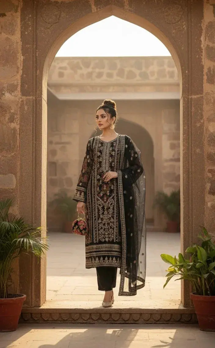 Woman in black embroidered ethnic suit with dupatta walking through stone archway