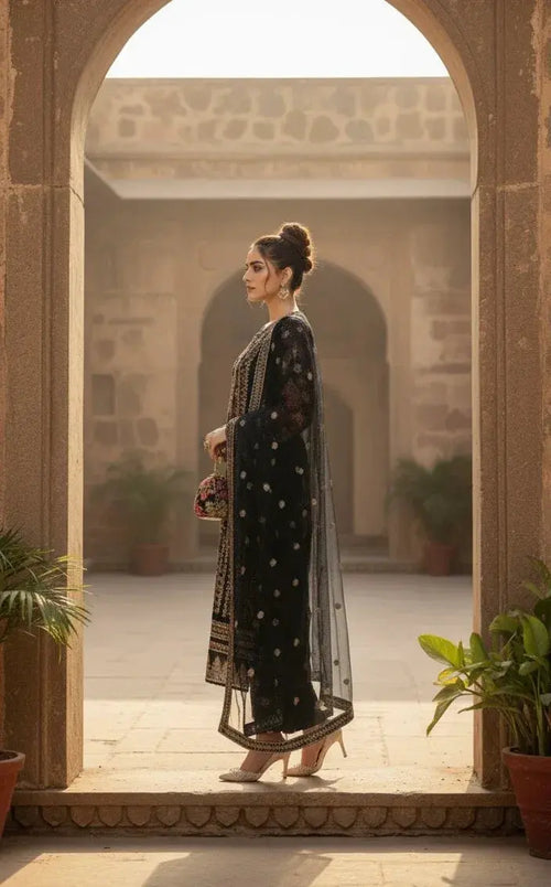 Woman in elegant black ethnic suit with embroidered dupatta in a heritage courtyard