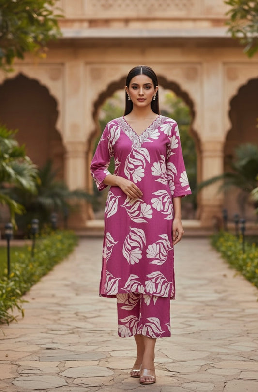 Woman wearing a pink floral dress standing in an outdoor setting with arches and greenery.