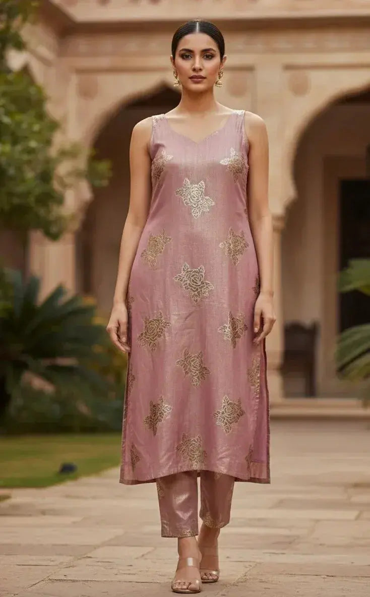 Woman wearing a pink silk kurta set with gold embroidery, standing outdoors